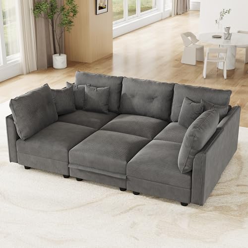 Image of LLappuil Modular Sectional Sleeper Sofa with Storage, U Shaped 6-Seat Corduroy Couch with 5 Throw Pillows, Convertible Sofa Set for Living Room & Small Space, Skin-Friendly & Soft, Grey