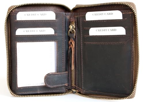 FLW Large Natural Dark Brown Zip-Around Durable Genuine Leather Wallet3