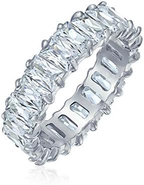 Art Deco Style AAA CZ Emerald Cut Cubic Zirconia Eternity Baguette Anniversary Wedding Band Ring For Women .925 Sterling Silver 4MM
