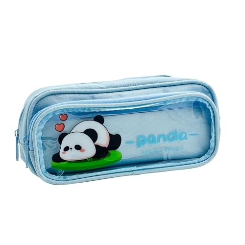 Image of Alokik Enterprise Cute Cartoon Pencil Pouch with Double Zipper & Transparent Window, Large Capacity Fabric Pen Case for School, Office, Students, Kids & Teens (Panda Have Fun with You Sky Blue Pouch)
