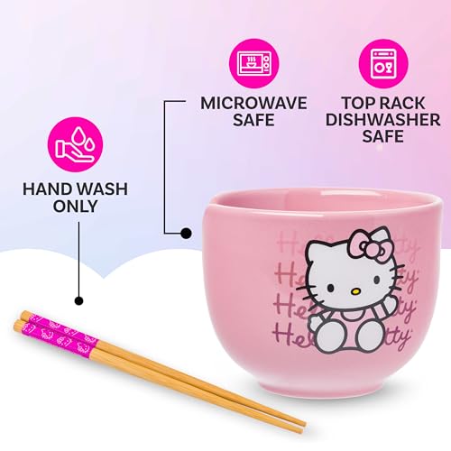 Image of Silver Buffalo Sanrio Hello Kitty Waves, Ramen Bowl with Chopsticks, 20oz | Waving Pink, Ceramic, Noodle Rice, Microwave Safe, 0.59 Liters