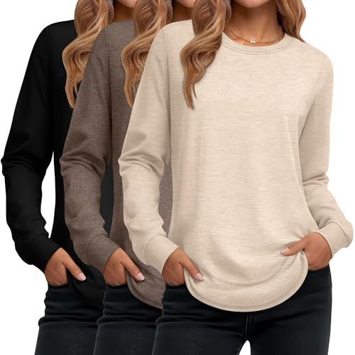 Ficerd 3 Pack Women's Long Sleeve Shirts, Cotton Crew Neck Tunic Tops Casual Loose Fit Pullover Sweatshirts Curved Hem Shirts(Black, Brown, Apricot,Large)