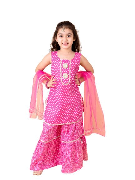 Pspeaches Girls Purple Ethnic Motifs Printed Pure Cotton Kurta With Sharara With Dupatta (Purple-3-4Y)