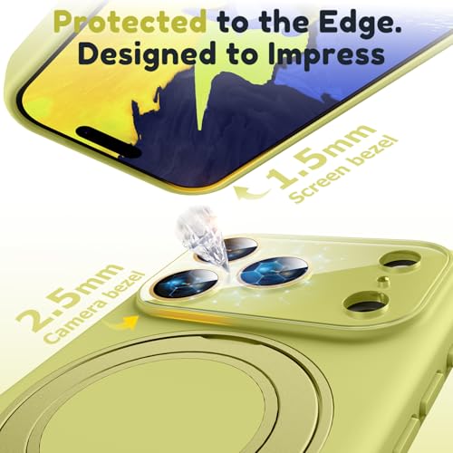 Image of Silicone 360 Spin Magnetic Stand Case for iPhone 17 Pro Max, [Compatible with Mag-Safe][Reinforced Hard Camera Protection] Liquid Silicone Rubber Phone Cover with Ring, Camera Button, Butter Yellow