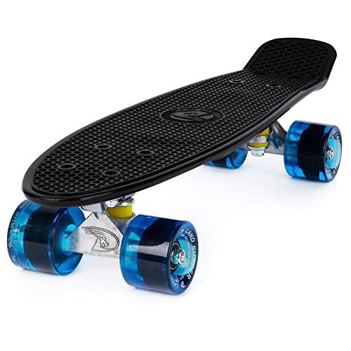 Land Surfer® Skateboard Cruiser Retro Completo 56cm - cojinetes ABEC-7 - Ruedas Transparentes o coloreadas 59mm PU + Bolsa para el Transporte - Tabla Negra/Ruedas Azules Transparentes Cover