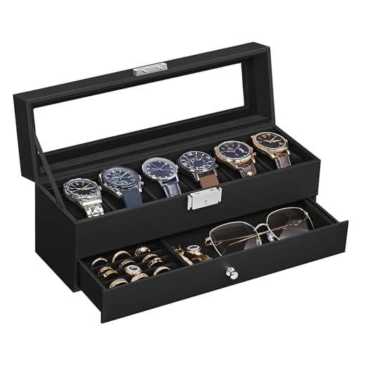 SONGMICS Uhrenbox, Uhrenkasten mit Glasdeckel, 2 Ebenen, für 6 Uhren, abschließbar, 1 Schublade, für Ringe, Armbänder, Geschenkidee, PU-Bezug in Schwarz, Innenfutter in Schwarz JWB060B02