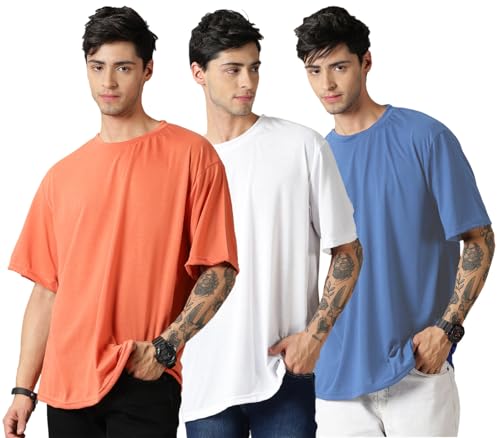 Image of RodZen Oversized Baggy Fit Half Sleeves Round Neck Solid Cotton Blend Combo T-Shirt for Men (Pack of 3)