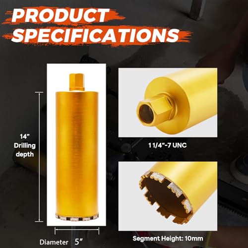 Image of 5 Inch Wet Core Drill Bit, 5 inch Core Bits for Concrete, 14 inch Drilling Depth, 1-1 /4 inch-7 Thread Diamond Core Drill for Cured Concrete, Hard Masonry, Brick Block, Solid Cement, Stucco, Stone (127mm)