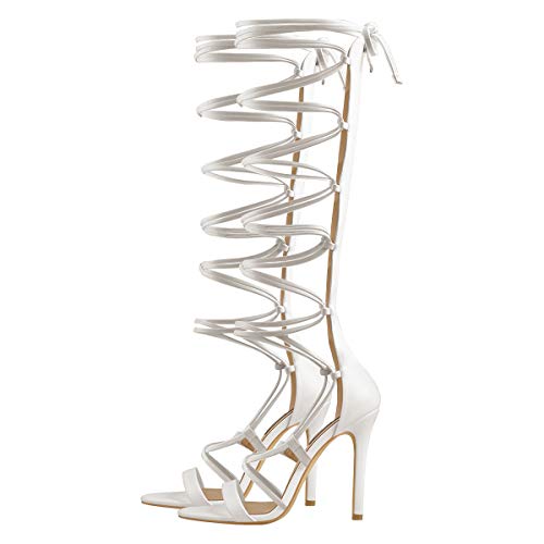 Image of LISHAN Womens Gladiator Knee High Sandals Open Toe Lace Up Criss Cross Strappy Stiletto Heels
