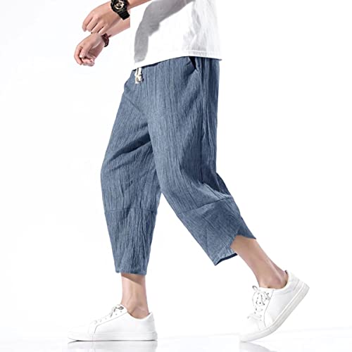 INVACHI Men's Casual Elastic Waist Linen Capri Pants Wide Leg Baggy Cotton Harem Yoga Trousers2