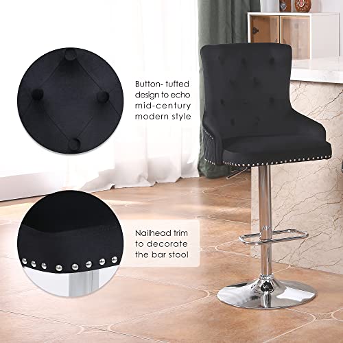 Chummaven Velvet Barstools Set Of 2, Modern Counter Height Adjustable Swivel Stools Chairs With High Tufted Backrest Chrome Base Lion Head Pull Ring Diamond Pattern Rivet Trim For Kitchen (Black) #TOP5