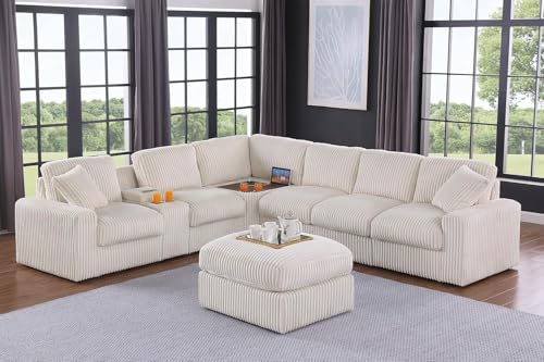 Image of Ball & Cast 127 inch Oversized Modular Sectional Sofa L-Shaped,Large Corduroy Upholstered Couch 7 Seat with Ottoman,Cup Holders & USB Ports,Comfty Sectionals W /Pillows & Storage Box,for Living Room,Beige