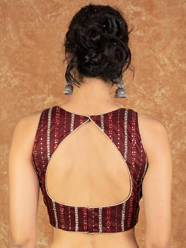 Image of FIGURE'S DESIGNER Women's Sequin Embroidered SabyaSachi Cut V Neck Sleeveless Readymade Saree Blouse E24