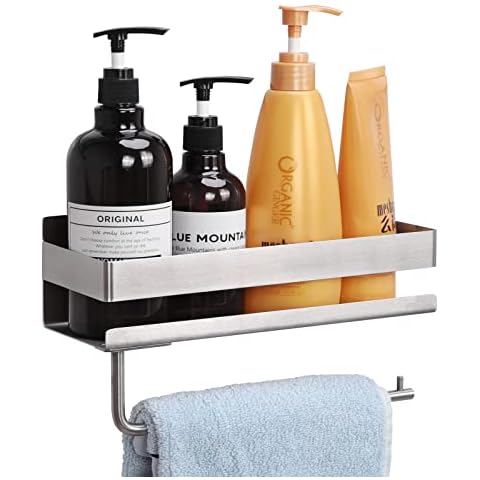 SOMDARHK Shower Caddy,Bathroom Shelf Wall Mounted Shower Shelf Stainless Steel Storage Basket Organizer with Removable Towel Hook for Bathroom Kitchen,Self Adhesive Or Drilling Cover