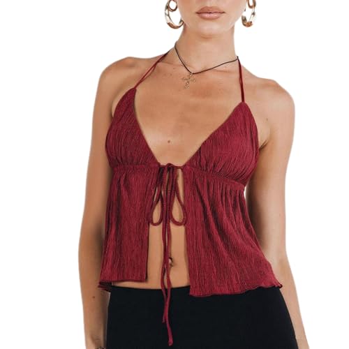 Women's Sexy Halterneck Pleated Tops Lace-up Open Front Backless Cardigan Top Sleeveless Y2K Shirt Streetwear (Wine Red, S)