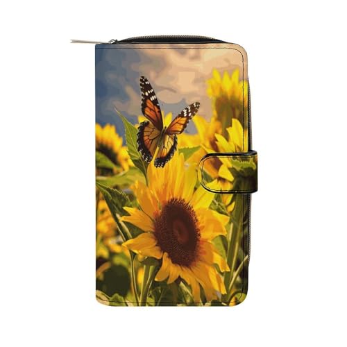 Womens Wallets Leather Ladies Wallet Large Sunflower Butterfly Printed Long Travel Clutch Wallet for Women