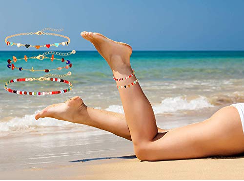 Image of Boho Beaded Ankle Bracelet Beach 18 K Gold Plated Anklet Bracelets Handmade Colorful Seed Beads Butterfly Evil Eye Heart Link Chain Anklet Pack Cute Summer Foot Jewelry for Women