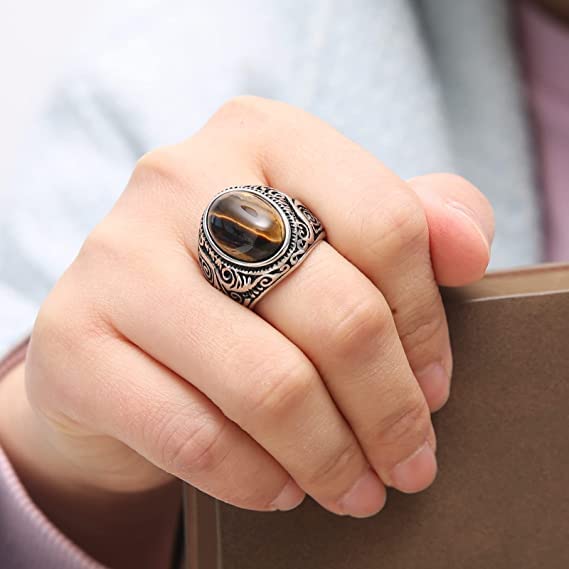 Image of THE MEN THING Vintage Tiger Eye Stone Rings for Men | Luxury Solid Pure Titanium Stainless Steel Ring Jewellery (Tiger Eye Stone - Stainless Steel, 17-21- 24)