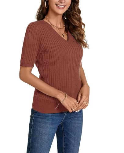 Image of Women Summer Knit Shirt Blouse V Neck Short Sleeve Pullover Sweater Tops