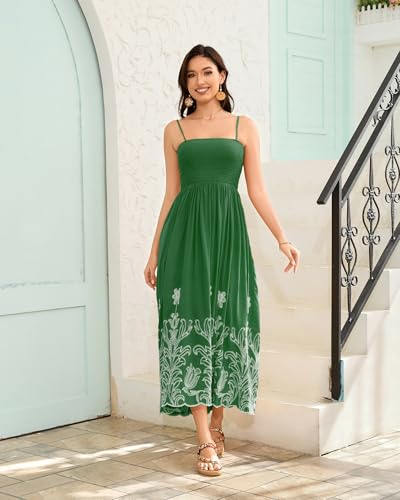 Image of Bsubseach Spaghetti Strap Maxi Dress Women Smocked Midi Dresses Flower Embroidered Summer Sundress Boho Beach Vacation