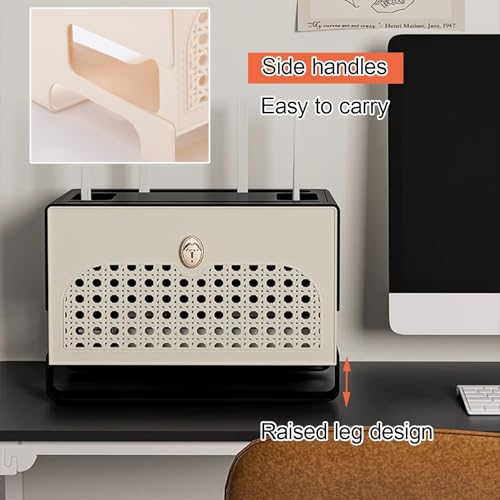 Cache-routeur WiFi en rotin noir meuble multimédia avec cloisons de rangement - 6