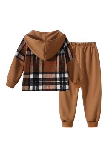 2Pcs Kids Boys Flannel Plaid Shirt Tops Pants Set Hoodie Sweatsuit for Fall Winter Spring Outfits 4-12 Years2