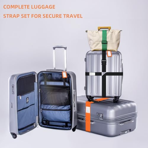 Image of 8 pcs Luggage Straps, CNYMANY 2-in-1 Travel Belt Add a Bag Luggage Strap, Adjustable Luggage Straps for suitcases Over Handle for Carry On Bag Airport Travel Accessories - Orange, Green, Black