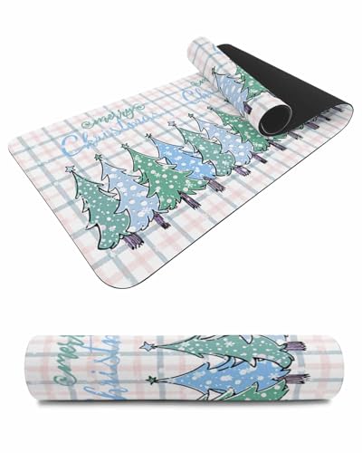 Debedcor Heat Proof Table Pads Waterproof Decorative, Christmas Tree Non-Slip Table Countertop Protector, Pink Blue Plaid Xmas Trees Snowflake Insulation Mat for Dining Room, 48 x 12 Inches