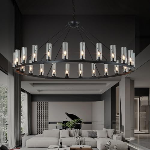 Image of 24 Light Large Wagon Wheel Chandelier with Clear Glass Shade Black Round Pendant Light Farmhouse Industrial Chandeliers Dining Room Light Fixture for Stair Living Room Foyer Kitchen