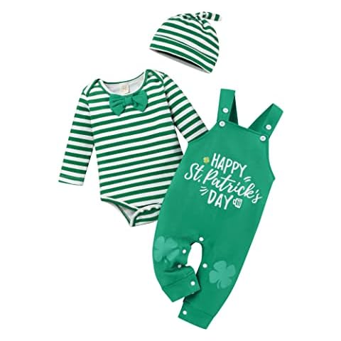 Wexuua My First St Patricks Day Outfits Baby Boys Striped Romper Suspender Green Pants Hat Cover