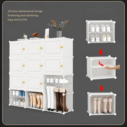 Image of Mevigo Plastic Shoe Rack for Home with Door | 10-Tier Stackable Shoe Organizer | Holds 20 Pairs |Waterproof & Dustproof | DIY Modular Shoe Cabinet |Chappal Slipper Stand for Bedroom-White-HY2