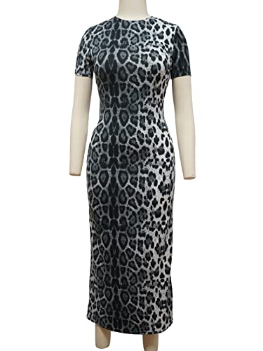 Image of Women's Long Bodycon Dresses Leopard Print Casual Maxi Club Party Tight Dress Short Sleeve