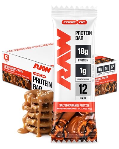 RAW Nutrition Protein Bars Salted Caramel Pretzel 18g Whey Protein Low Sugar Better-for-You Candy Bars Gluten Free Chocolate Protein Snack for Muscle Recovery & Gym Fuel 12 Count