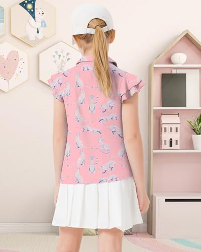 Image of Soneven Girls Ruffle Sleeve Polo Shirts V-Neck Golf Tennis T-Shirts Uniform Shirts Quick Dry for 4-14 Years