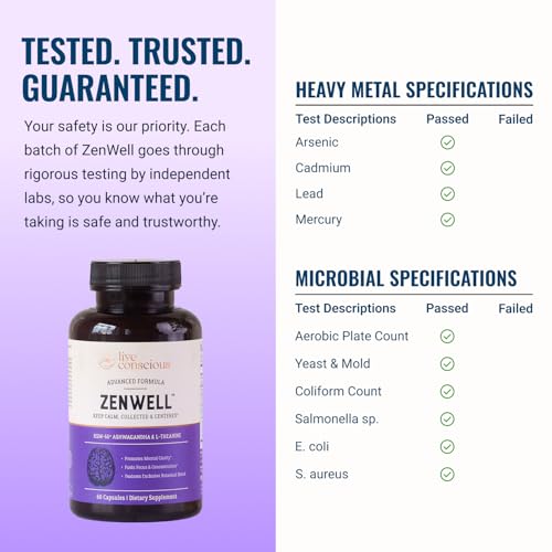 Live Conscious KSM-66 Ashwagandha Supplement w/L Theanine & AlphaWave - ZenWell Everyday Stress Relief, Cognitive, Brain Health - Ashwagandha for Men & Women - 60 Capsules