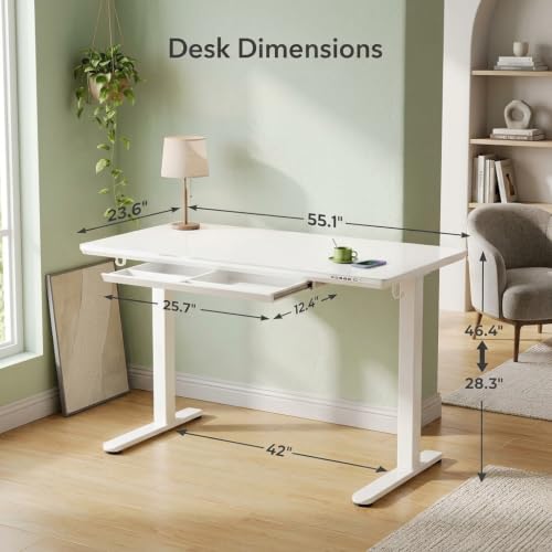 Image of YDN 55 x 24 Inches Wireless Charging Glass Standing Desk with Drawer | Tempered Glass Top, Adjustable Height