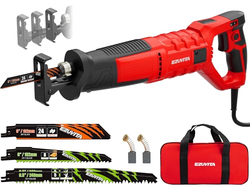 EZUVITA 7 Amp Corded Reciprocating Saw for Wood, Metal, PVC & Tree Pruning, 1-1/8' Stroke Length & 2800 SPM, 6-Speed Dial, 180° Rotating Handle, Adjustable Pivoting Front Shoe, 6 Blades & Bag Included