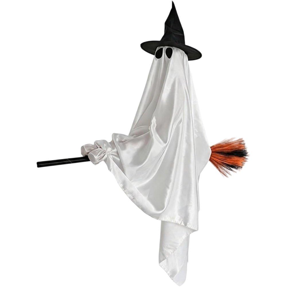 Sslvya Halloween Hanging Ghost Decor, Spooky Flying Witch Ghost with Broom for Indoor Outdoor Party Halloween Decorations