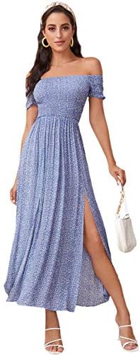 Floerns Women's Boho Floral Print Off Shoulder Split Long A Line Dress Blue Flower L