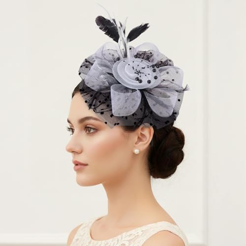 Image of DRESHOW Fascinators Hat Flower Mesh Ribbons Feathers on a Headband and a Clip Tea Party Headwear for Girls and Women