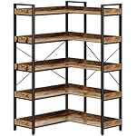 Rolanstar Bookshelf 5 Tier with 4 Hooks, Reversible Corner Bookshelf, 65" Industrial Wooden Bookcase with Open Shelves and Metal Frame for Living Room, Bedroom, Home Office, Rustic Brown