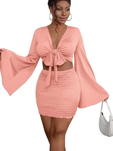 Image of LYANER Women 2 Piece Vacation Outfits Tie Knot Front Bell Long Sleeve Crop Top and Mini Skirt Summer Set