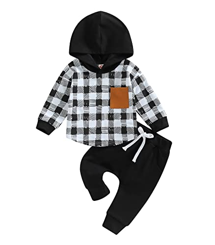Baby Boys Clothes 3 6 9 12 18 24M 3T Pants Set Hooded Patchwork Hoodie Plaid Sweatpants Fall Winter Outfit (Black-Plaid, 6-12 Months)