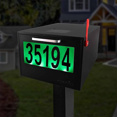 Image of Black Post Mount Mailbox | 2 Lighting Modes, Solar Numbers Light, Large Capacity, Infrared Sensor Illuminated at Night, Iron Numbers