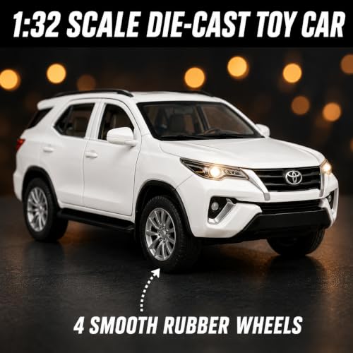 Image of 1:32 Scale Fortuner Die Cast Pull Back Toy Car for Kids with Openable Doors Light and Sound Friction Powered Miniature Collectible Car Toy Gift for Children Realistic SUV Design (1:32 White Fortuner)