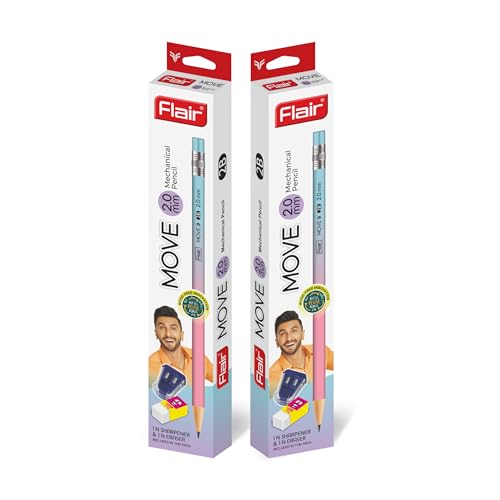 Image of Flair Move 2.0mm Mechanical Pencil Pack of 20 | Extra Dark 2B Lead | Refillable Eco-Friendly Pencils with 2 Sharpeners & 2 Erasers | Smooth Writing & Drawing for School,Office & Artists, Black