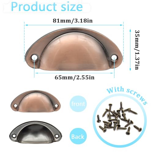 Hocansen 12 PCS Shell Cup Handles 81mm Metal Drawer Pull Handles Red Bronze Shell Shape Handle Knobs Semicircle Cup Handle with Screws for Wardrobe Cupboard and Drawer (Red Bronze/LS-BK) - Image 2