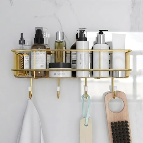 Image of Trendy Home Self Adhesive Bathroom Shelf Organiser, Drill-Free Wall Rack | with Magic Stickers & 4 Hooks, Rust-Proof Storage Shelf for Bathroom, Gold