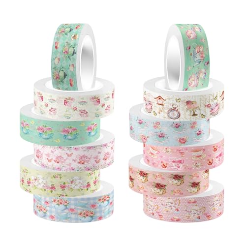 12巻入りティーパーティー和紙テープセット繊細な花柄デザインの装飾テープスクラップブッキング用品、DIYクラフト、文房具、プランナー用 [並行輸入品]