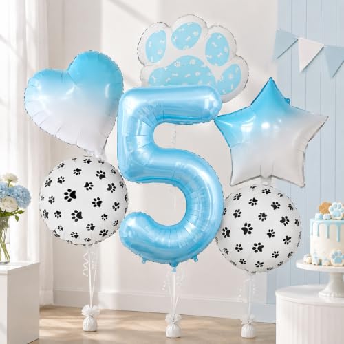 Image of 40 Inch Light Blue Paw Print Number 5 Foil Balloon Dog Cat Themed Set